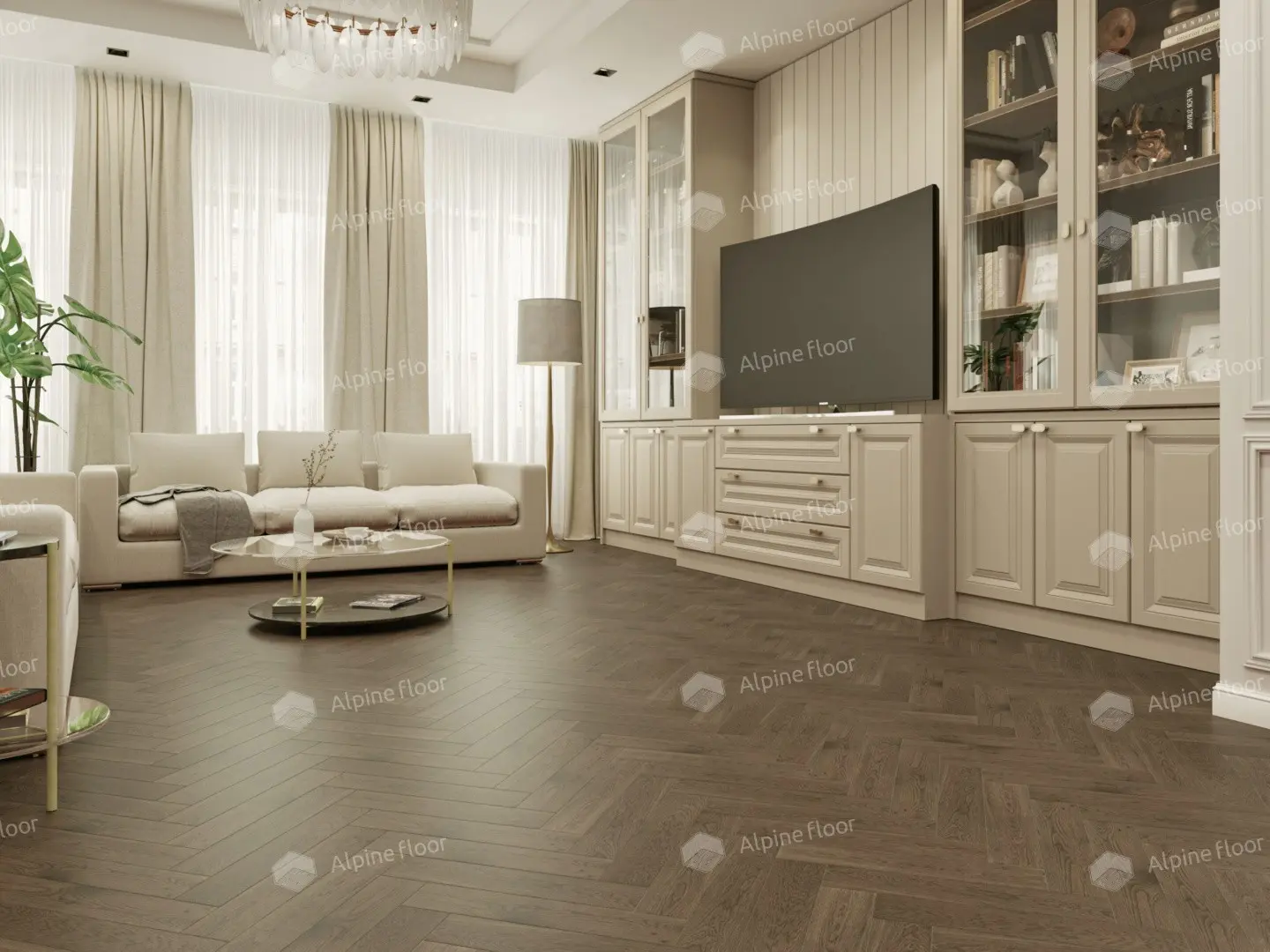 Инженерная доска Alpine Floor Castle Дуб Гранд Каньон EW202-10 венгерская елка 600×120×12 фото в интерьере